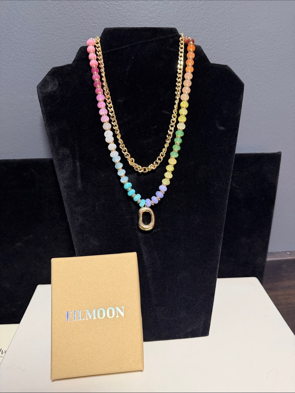 FILMOON 2 Pc Layered Necklace Set Rainbow Beaded & Gold Link Chain Chic Gift Box
